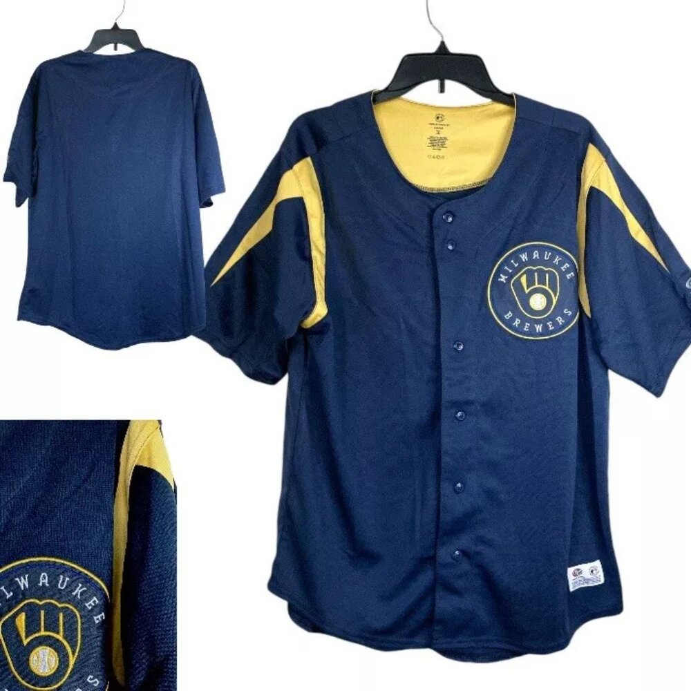 Men's Large Milwaukee Brewers Jersey Shirt Button Up Front New Short Sleeve MLB